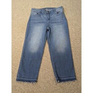 Chicos Perfect Stretch Girlfriend Straight Leg Ankle Jeans 2 Blue Raw Hem